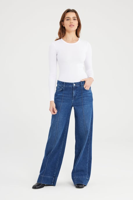 Layla jeans met middelhoge taille, volledige lengte, plooien en 5 zakken, donkerblauw - Image 2