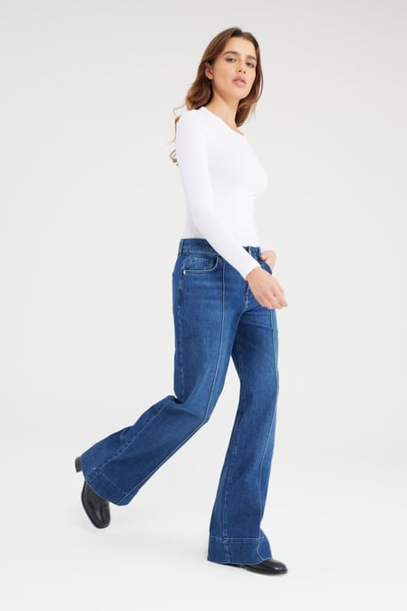 Layla jeans met middelhoge taille, volledige lengte, plooien en 5 zakken, donkerblauw - Image 3