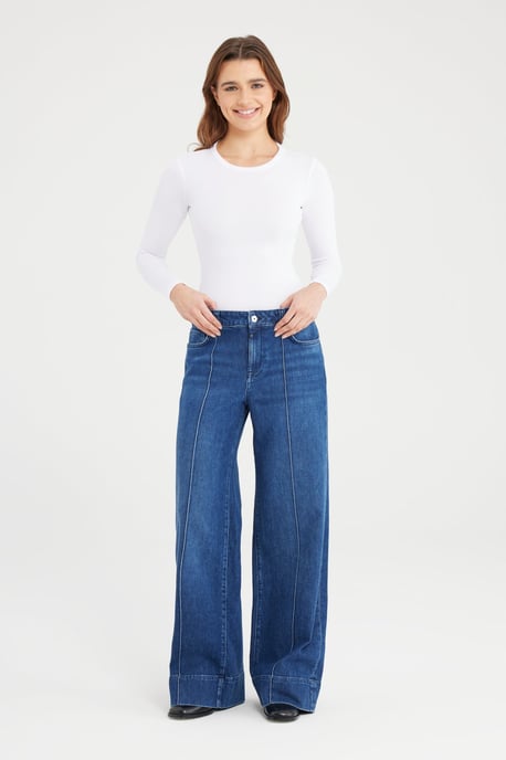 Layla jeans met middelhoge taille, volledige lengte, plooien en 5 zakken, donkerblauw - Image 5