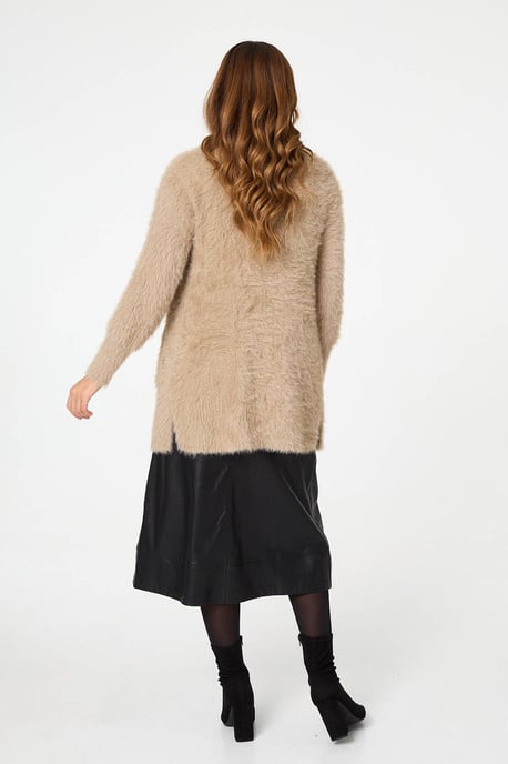 Beige Soft Textured Longline Open Cardigan - Image 3