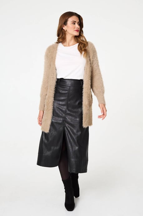 Beige Soft Textured Longline Open Cardigan - Image 4