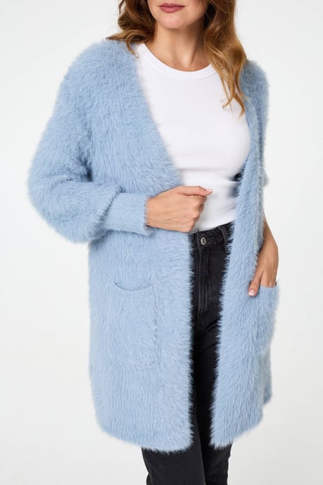 Blue Soft Textured Longline Open Cardigan - Image 2