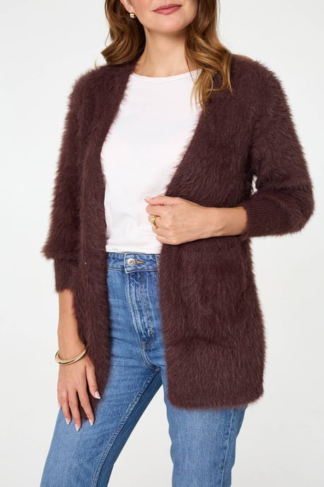 Brown Soft Textured Longline Open Cardigan - Image 2