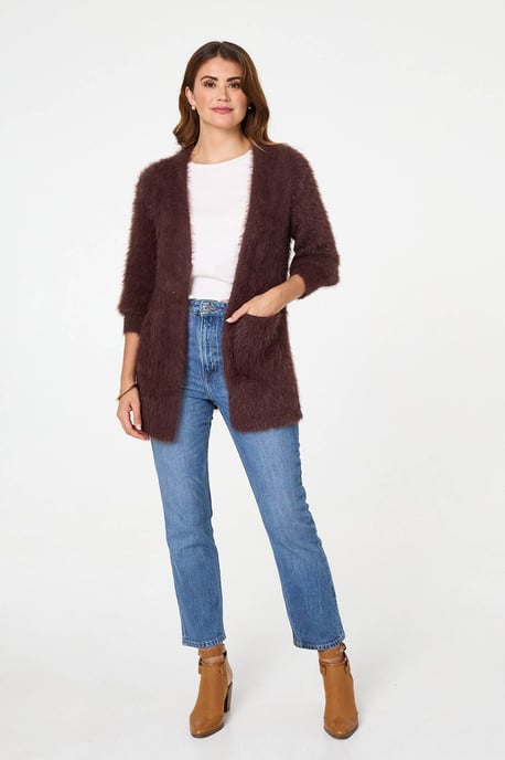 Brown Soft Textured Longline Open Cardigan - Image 4