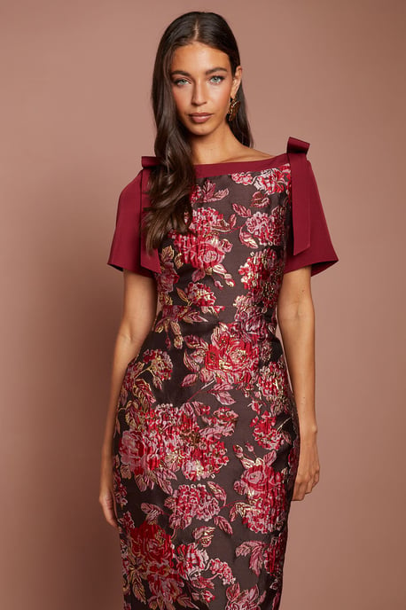 Short Sleeve Jacquard Midi Dress With Bow Detail - Image 2