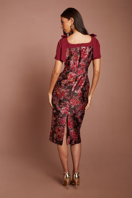 Short Sleeve Jacquard Midi Dress With Bow Detail - Image 3