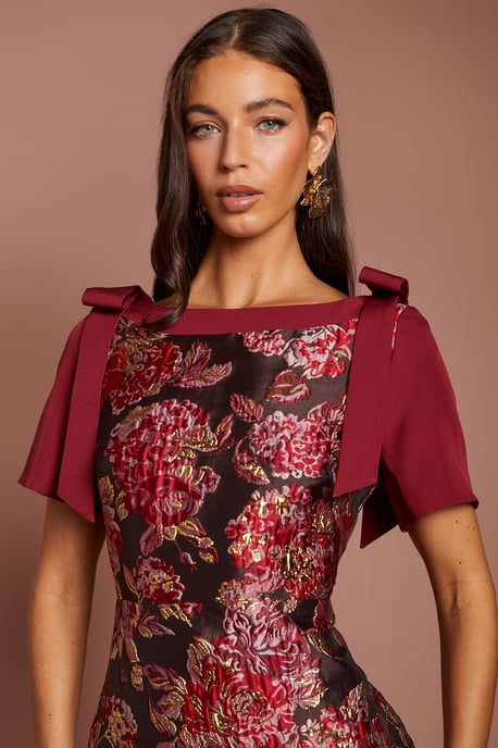 Short Sleeve Jacquard Midi Dress With Bow Detail - Image 4
