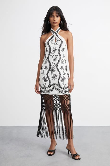 Embroidered Fringe Mini Dress - Image 1