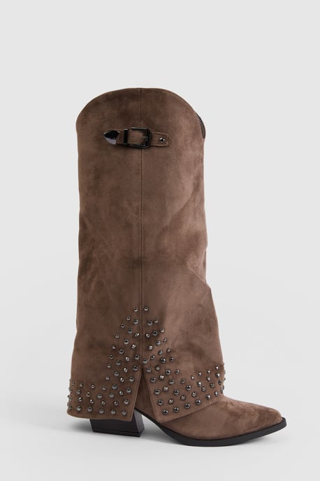 Faux Suede Fold Over Stud Detail Western Boots - Image 3