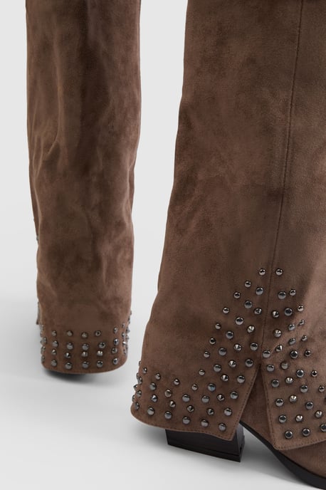 Faux Suede Fold Over Stud Detail Western Boots - Image 4