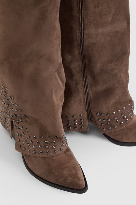 Faux Suede Fold Over Stud Detail Western Boots - Image 5