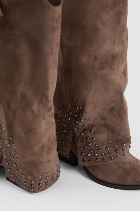 Faux Suede Fold Over Stud Detail Western Boots - Image 6