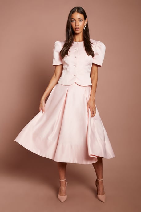 Satin Pleat Front Midi Full Skirt - Image 1