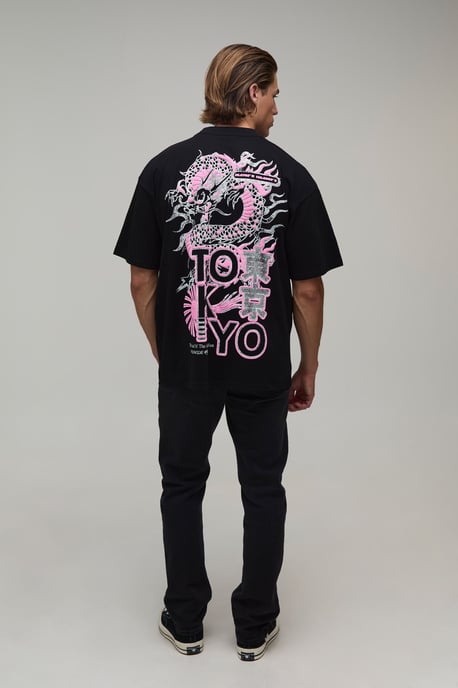 Black Oversized Dragon Puff Print T-Shirt - Image 2