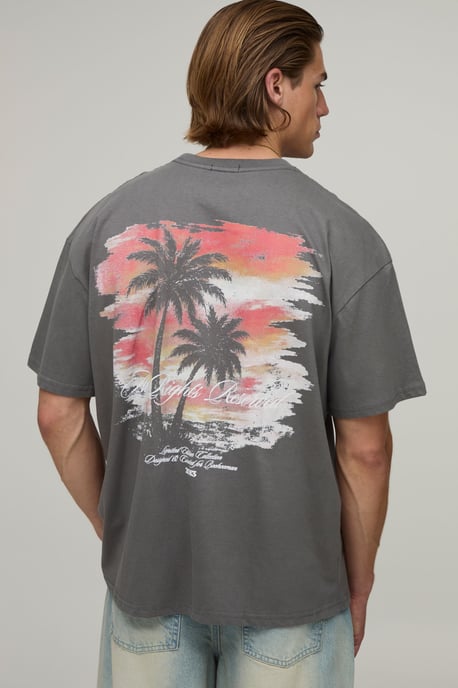 Charcoal Oversized Sunset Palm Print T-Shirt - Image 1