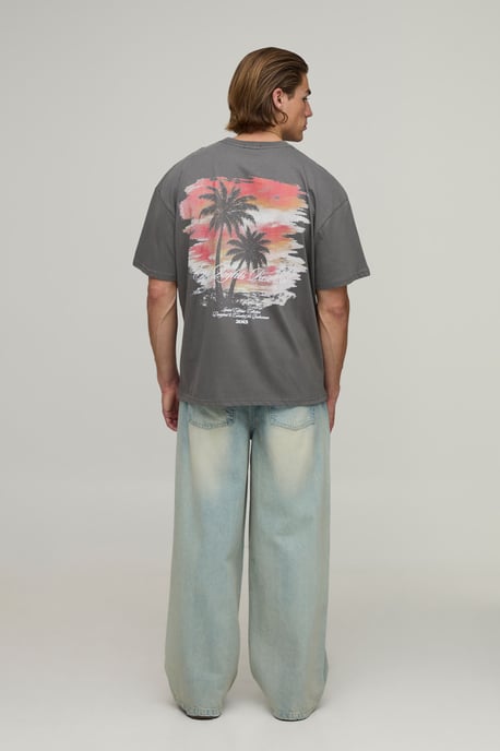 Charcoal Oversized Sunset Palm Print T-Shirt - Image 2