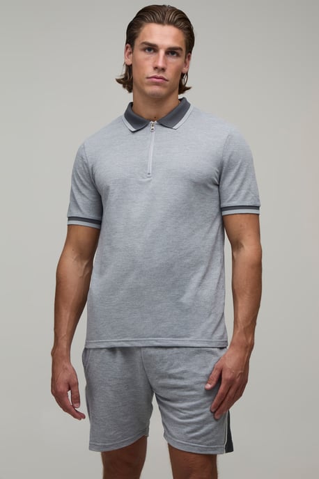 Slim Fit Pique Interlock Stripe Polo and Shorts Set - Image 1