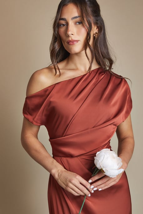 Satin Ruched Detail Off The Shoulder Maxi Bridesmaid Dress - Image 2