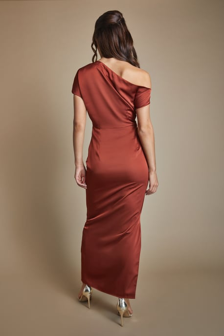 Satin Ruched Detail Off The Shoulder Maxi Bridesmaid Dress - Image 3