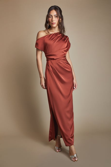 Satin Ruched Detail Off The Shoulder Maxi Bridesmaid Dress - Image 4