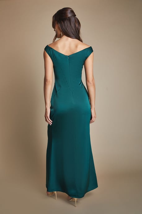 Satin Bardot Bridesmaid Maxi Dress with Waist Ruching Detail - Image 3