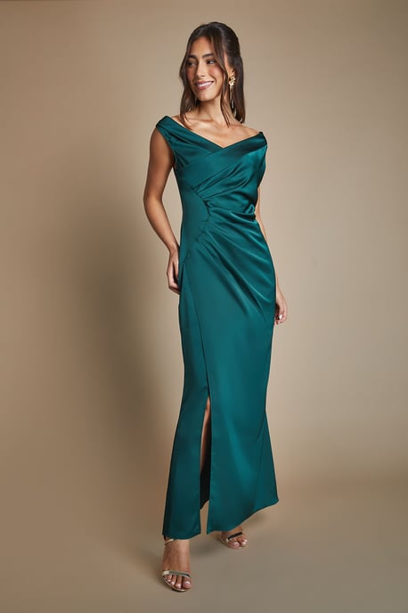 Satin Bardot Bridesmaid Maxi Dress with Waist Ruching Detail - Image 4