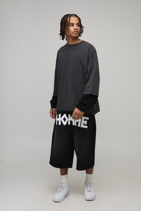 Tape Effect Crotch Print Longline Denim Jorts - Image 4