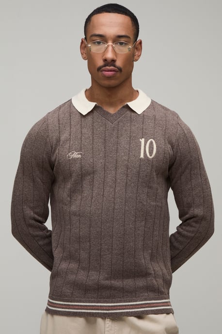 Regular Fit V Neck Ribbed Knitted Polo - Image 1