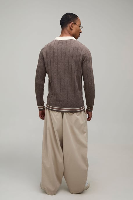 Regular Fit V Neck Ribbed Knitted Polo - Image 2