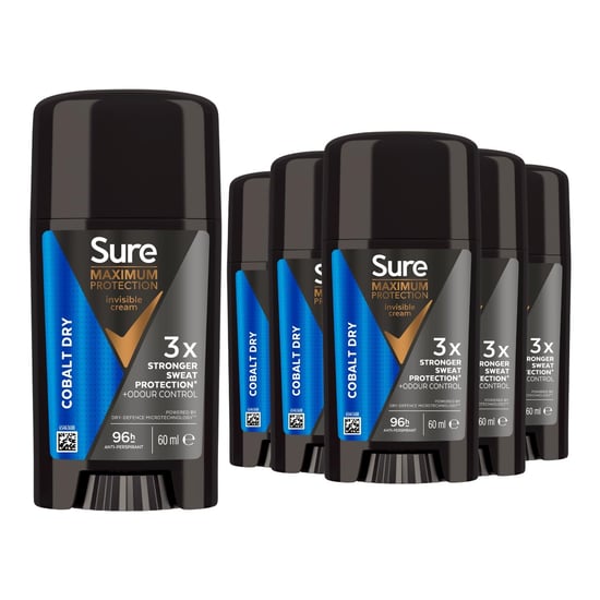 Sure Men Maximum Protection Anti-Perspirant Cream, Cobalt Dry, 60ml, 6 Pack - Image 1