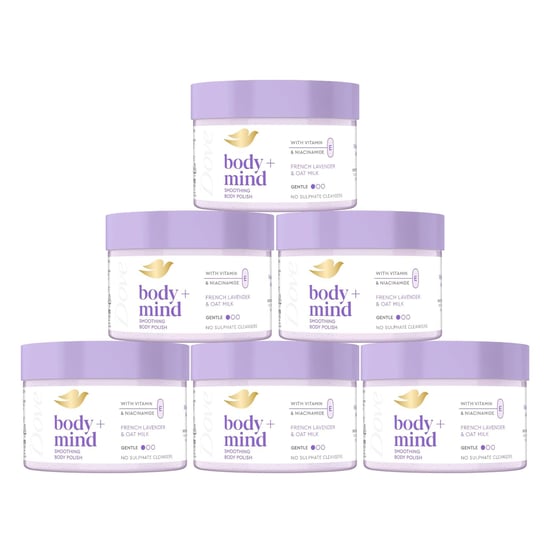 Dove Body + Mind Smoothing Body Scrub, French Lavender & Oat Milk, 295ml, 6 Pack - Image 1