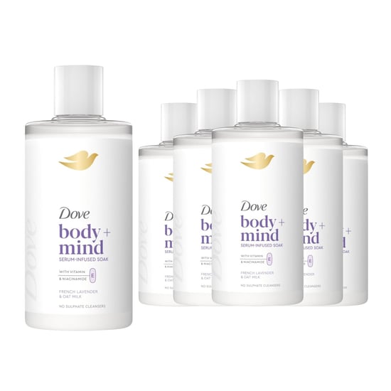Dove Body + Mind Bath Soak, French Lavender & Oat Milk, 400ml, 6 Pack - Image 1