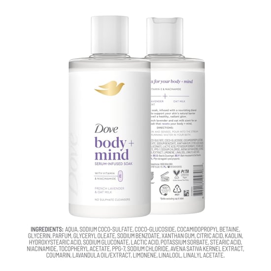 Dove Body + Mind Bath Soak, French Lavender & Oat Milk, 400ml, 6 Pack - Image 4