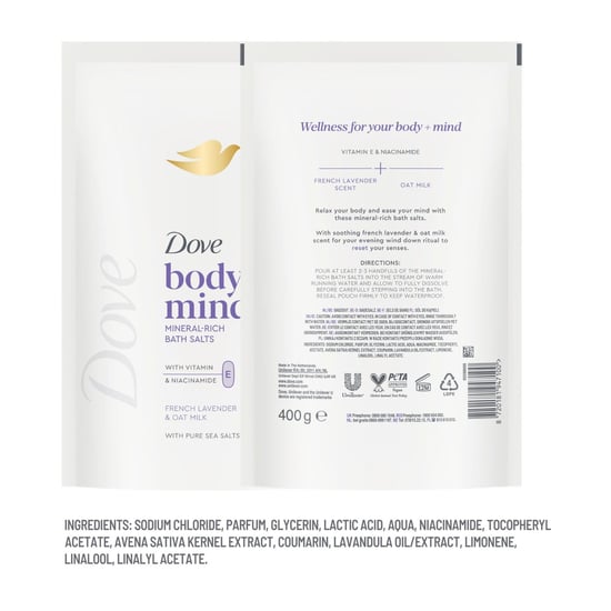 Dove Body + Mind Bath Salts, French Lavender & Oat Milk, 400g, 6 Pack - Image 4