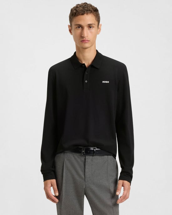 Regular Fit Long Sleeve Logo Detail T-Shirt in Black - Image 1