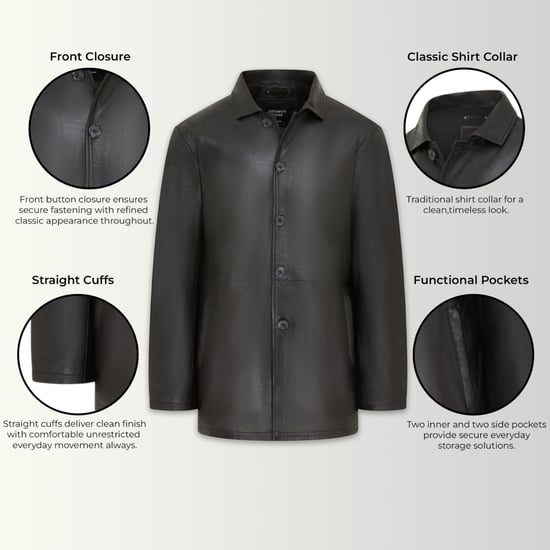Men's Black Leather Long Collared Car Coat Jacket - Charles - Image 2