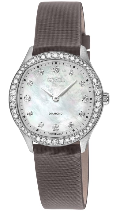 Gevril Women's Morcote Swiss Diamond Watch, 316L SS Diamond Case, white MOP, Grey Handmade Italian Leather Strap - Image 1