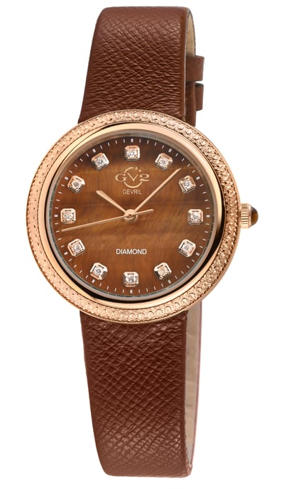 GV2 Arezzo Women's Diamond Watch, IPRG Case, Tiger Eye Dial, Genuine Italian Handmade Brown Leather Strap - Image 1