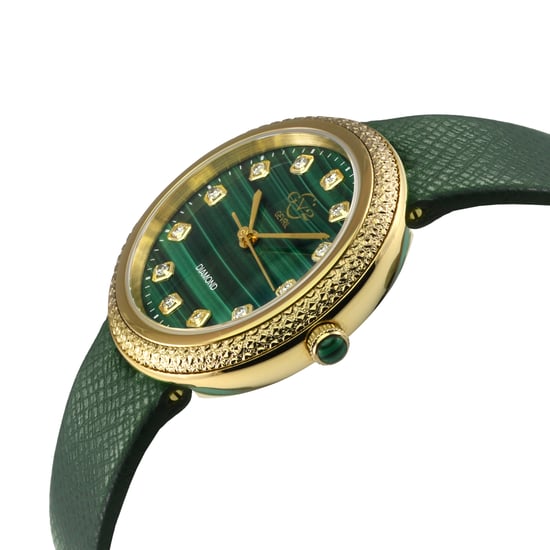 GV2 Arezzo Women's Diamond Watch,IPYG Case, Malachite Dial, Genuine Italian Handmade Green Leather Strap - Image 3