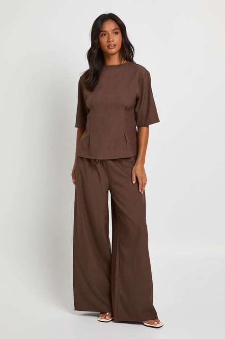 Petite Woven Marl Cinch Waist Top Wide Leg Trouser Co-ord - Image 3
