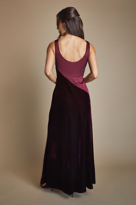 Velvet Contrast V Neck Full Skirt Maxi Bridesmaid Dress - Image 3