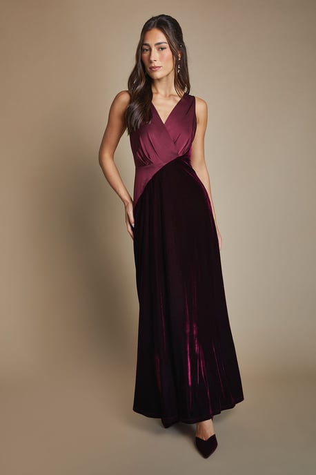 Velvet Contrast V Neck Full Skirt Maxi Bridesmaid Dress - Image 4