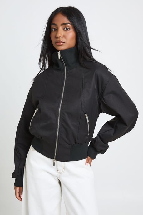 Ribbed Funnel Neck Bomber Jacket - Image 1