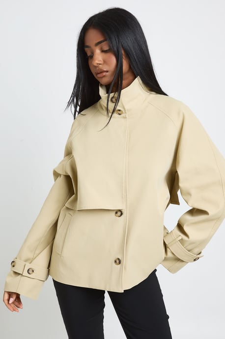 Funnel Neck Belted Trench Coat - Image 1