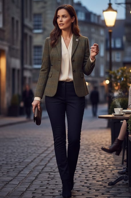 Dames olijfkleurig getailleerd geruite tweed blazer formeel jasje - TPSTZ-7 - Image 3