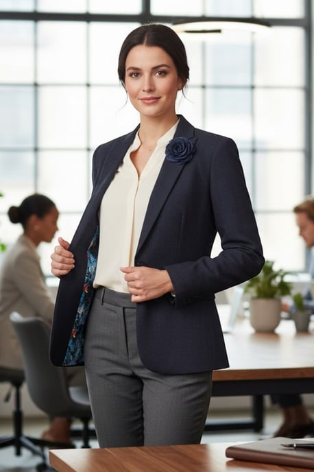 Dames marineblauw geruite wol mix visgraat tweed op maat gemaakt blazer - Caridi - Image 3