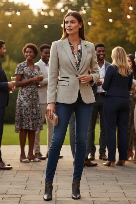 Dames crèmekleurig geruite wol mix visgraat tweed op maat gemaakte blazer - Caridi - Image 3