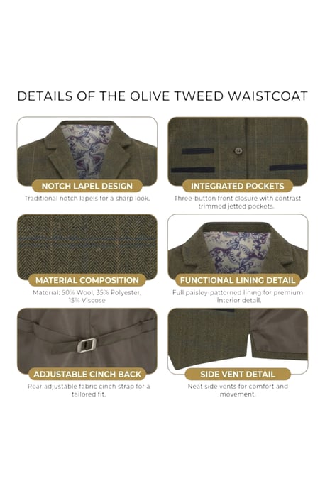 Women's Olive Tailored Fit Tweed Waistcoat Formal Vest - TPSTZ-7 - Image 5