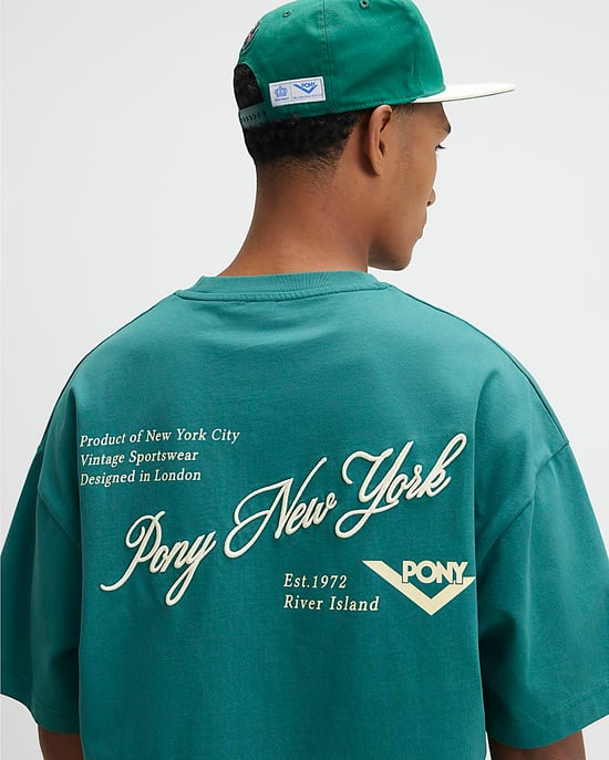 River Island Mens T-Shirt Green Oversized Script Embroidered Graphic - Image 2