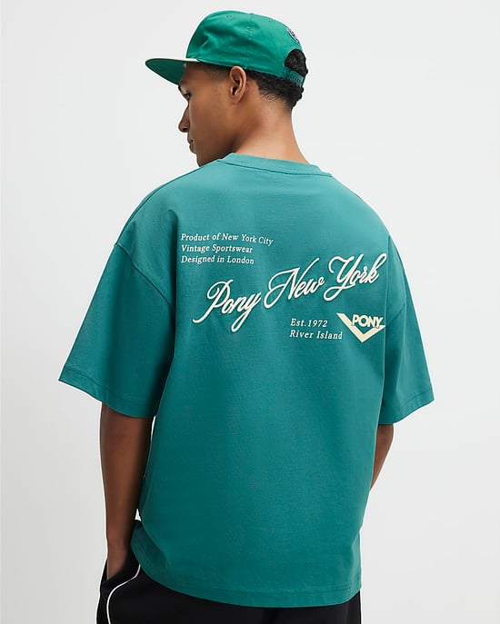River Island Mens T-Shirt Green Oversized Script Embroidered Graphic - Image 3